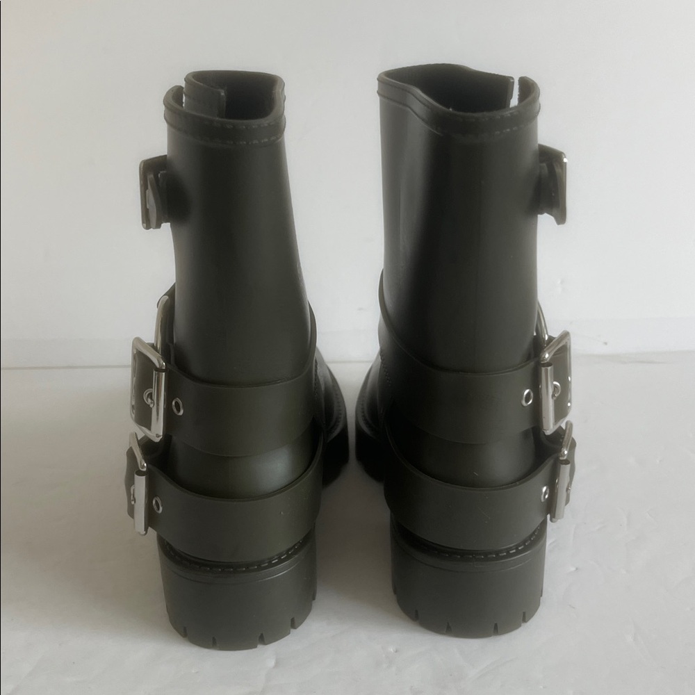 JEFFREY CAMPBELL Controller Green Matte Silver Buckle Moto Rain Boots Size 6 NEW - Picture 11 of 12